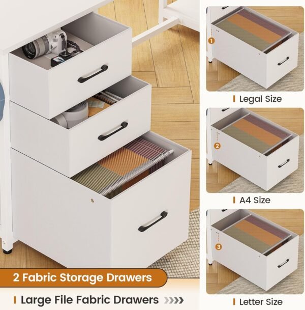 SEDETA L Shaped Computer Desk, 58'' Office Desk with 3 Drawers and Bookshelf, L Shaped Corner Desk with Storage Shelves and LED Light for Home Office, Gaming Desk, L Desk, White - Image 3