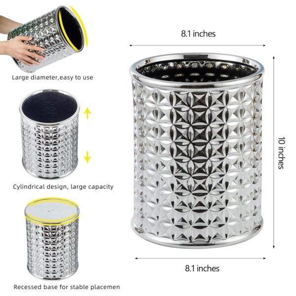Round Silver Trash Can, Small Wastebasket, Garbage Receptacle Bin for Bathrooms, Powder Rooms, Kitchens, Home Offices - Durable Ceramics - Image 3