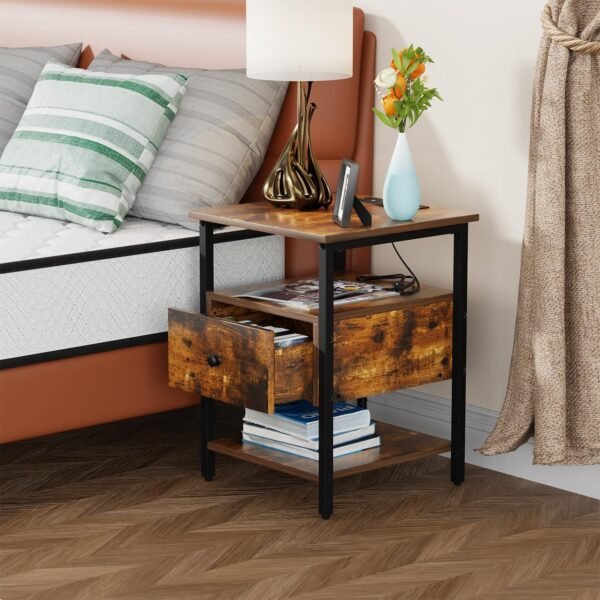 PayLessHere Nightstand End Table Bedside Table with 1 Drawer Bedside Furniture with Charging Station and 2 USB Ports Power Outlets for Living Room Bedroom College Dorm (2, Brown, 15 * 15 * 22) - Image 2