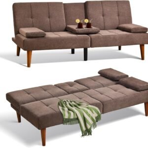 COLAMY Futon Sofa Bed-Fabric Small Futon Couch, Futon Lounge Sofa, Futon Convertible with 2 Cup Holders, Removable Soft Armrest, Adjustable Backrest for Dorm/Bedroom/College Brown