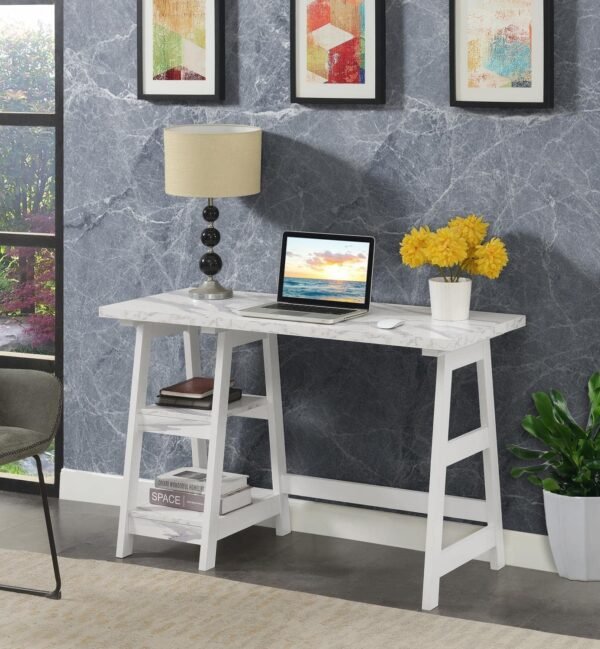 Convenience Concepts Designs2Go Trestle Desk 47" - Modern Desk or Vanity with Shelves, for Office, Dorm, Living Room, White Faux Marble/White - Image 2