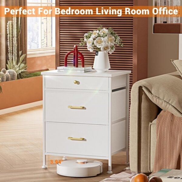 Nightstand with 3 Drawers, Night Stand Dresser for Bedroom, Small Dresser with Fabric Bins, Leather Finish, Modern Bedside Table End Side Table for Living Room, Dorm, Closet, Nursery, White - Image 6