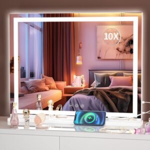 Hasipu Vanity Mirror with Lights, 23″ x 18″ LED Makeup Mirror, Lighted Makeup Mirror with Dimmable 3 Modes, Touch Screen Control Vanity Mirror Square White