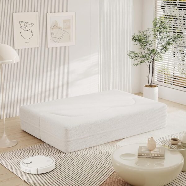 Folding Sofa Bed,15" Full Size Folding Mattress for Living Room,Convertible Teddy Fabric Foam-Filled Pocket Spring Sleeper Sofa Bed (Beige) - Image 6