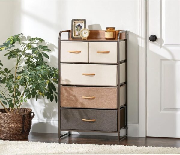 mDesign Tall Dresser Storage Chest - Vanity Furniture Cabinet Tower Unit for Bedroom, Office, and Closet - Textured Print - 5 Removable Drawers - Multi/Espresso Brown - Image 2