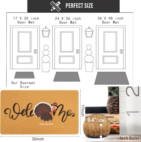Winter Fall Welcome Door Mat for Thanksgiving Day's Outdoor Porch Entrance Hello-Turkey Faux Coir Front Doormats Non-Slip Rugs Farm Indoor Decor 17x29 in - Image 4