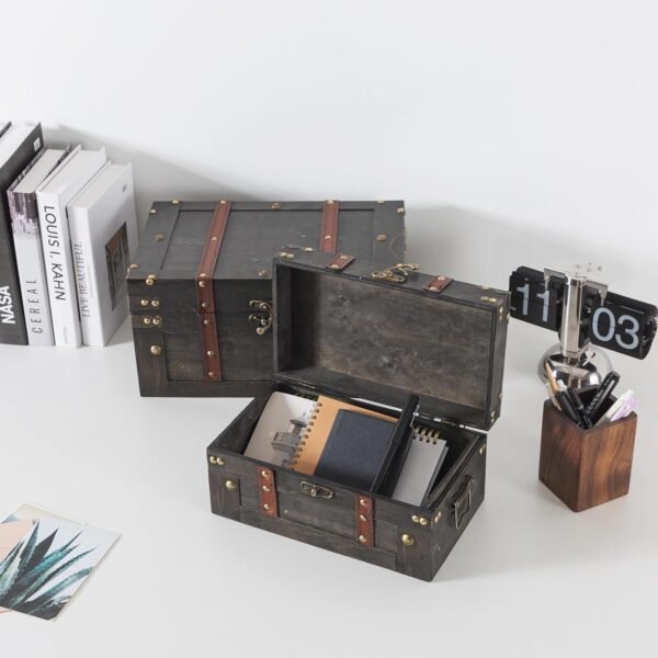 Soul & Lane Vintique Wooden Chest Duo - Elegant Wood Storage Trunks with Lids & Vintage Charm (Set of 2), Antique Versatile Organizational Decor for Home & Office - Image 6