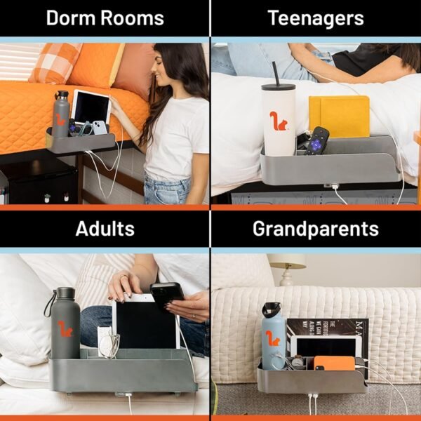 Squirrel-Bedside Perch for College Dorm Bunk Bed, Floating Organizer with USB-C & A Charging Ports, Small Spaces, Bedside Caddy & Nightstand,Dorm Room Decor, Modern designer dorms, Grey - Image 3