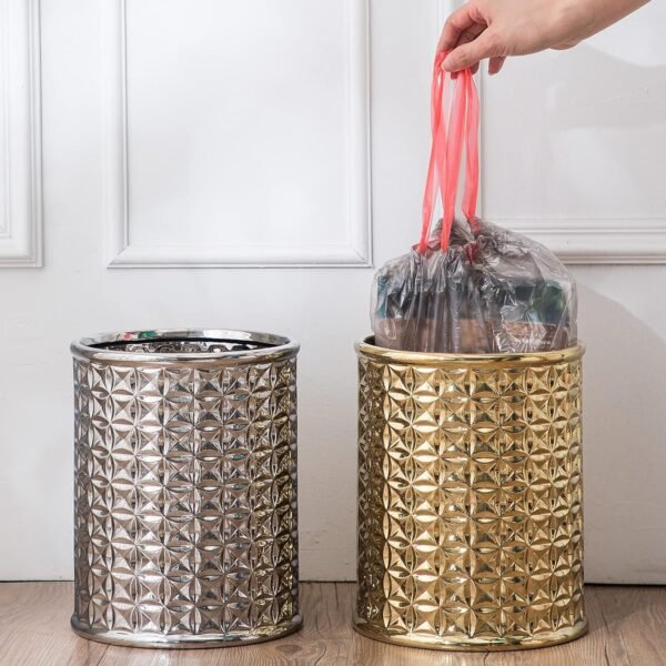 Round Silver Trash Can, Small Wastebasket, Garbage Receptacle Bin for Bathrooms, Powder Rooms, Kitchens, Home Offices - Durable Ceramics - Image 4