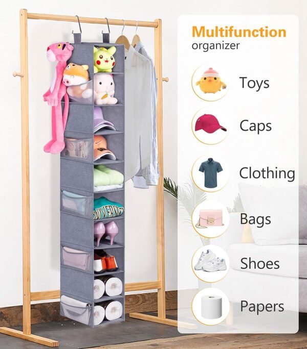 MISSLO 30 Large Pockets Dual Sided Hanging Shoe Organizer for Closet with Rotating Hanger and 10-Shelf Hanging Shoe Rack with Mesh Pockets for Shoes, Folded Clothes and Toys, Grey - Image 9