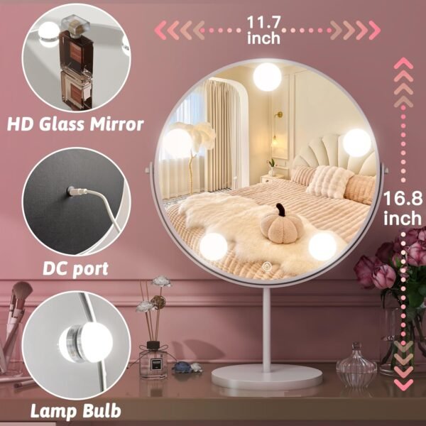 Vanity Mirror with Lights, 12" x 17" Hollywood Mirror, Light up Mirror with 5 Dimmable Bulbs and Smart Touch, 360° Rotation, White - Image 4
