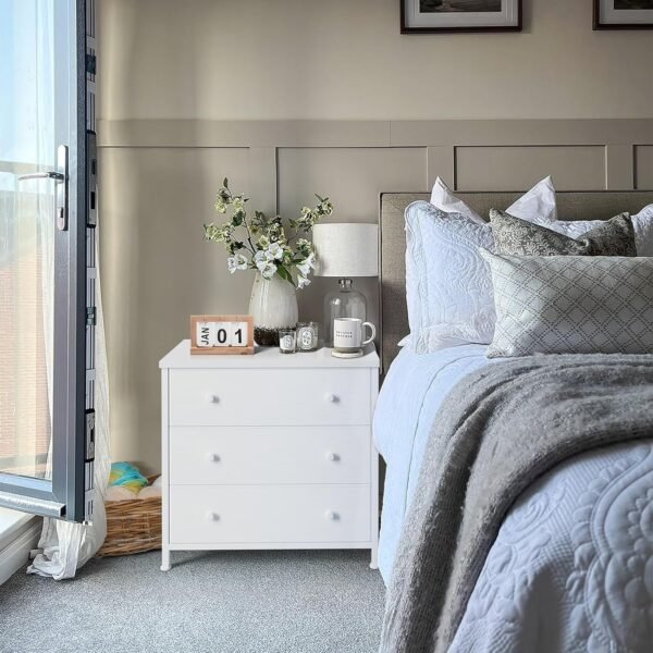 BOLUO White Nightstand with Fabric Drawers, Large Night Stand 3 Drawer Dresser for Bedroom, Closet, Girls Modern - Image 3