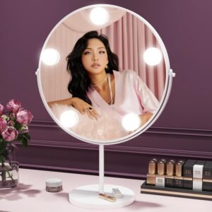 Vanity Mirror with Lights, 12″ x 17″ Hollywood Mirror, Light up Mirror with 5 Dimmable Bulbs and Smart Touch, 360° Rotation, White