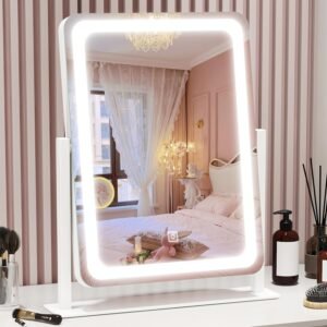 Vanity Mirror with Lights, 12.6″×15″ LED Makeup Mirror, Lighted Makeup Mirror with Lights, Smart Touch Control Dimmable 3 Modes Light, Lighted Up Mirror for Makeup Desk, Bedroom, Dressing Room