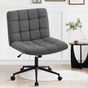 Furniliving Armless Office Desk Chair, Linen Fabric Padded Swivel Chair, Adjustable Home Office Chair with 360° Wheels, Wide Criss Cross Chair for Desk for Living Room, Bedroom, Darkgrey