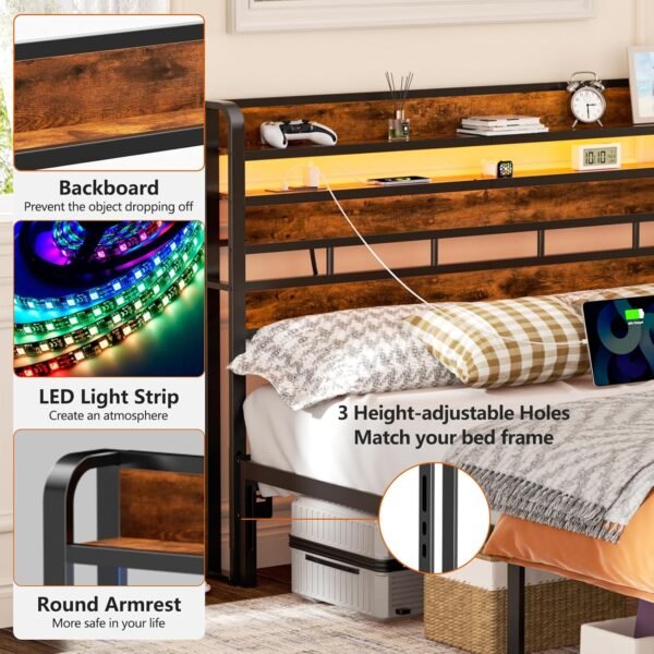 Furnulem Queen Size Headboard Storage 2 Tier Headboard with USB Ports for Dorm LED Light College Headboard Shelf Height Adjustable Modern Style Headboard with Charging Station Rustic Brown - Image 8
