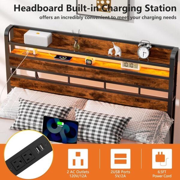 Furnulem Queen Size Headboard Storage 2 Tier Headboard with USB Ports for Dorm LED Light College Headboard Shelf Height Adjustable Modern Style Headboard with Charging Station Rustic Brown - Image 6