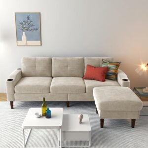 Sofa Couch, Sectional Couch Home Sofa for Living Room 3 Seater, Lounge Sofa with Ottoman, Couch with USB Charging & Cup Holders, L Shaped Modular Sectional Sofa for Office/Small Space, Beige