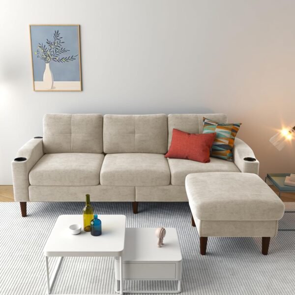 Sofa Couch, Sectional Couch Home Sofa for Living Room 3 Seater, Lounge Sofa with Ottoman, Couch with USB Charging & Cup Holders, L Shaped Modular Sectional Sofa for Office/Small Space, Beige