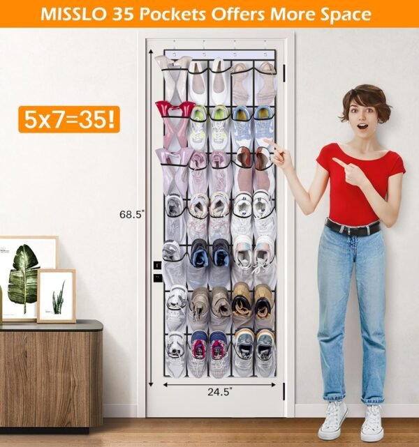 MISSLO 35 Large Pockets Over The Door Shoe Organizer Sturdy Oxford Fabric Hanging Shoe Rack for Door Mesh Closet Shoe Holder Hanger, White - Image 2