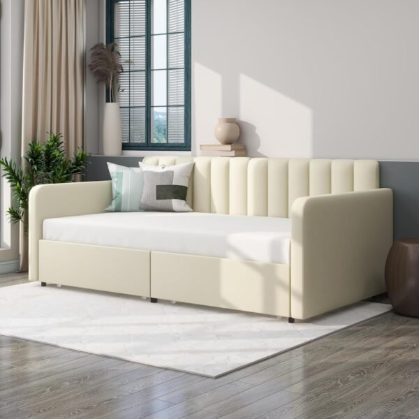 LifeSky Home Daybed Twin with Storage - Upholstered Day Bed Frame with Drawers - Modern Tufted for Living Room Guest Room Bedroom Apartment Beige - Image 6