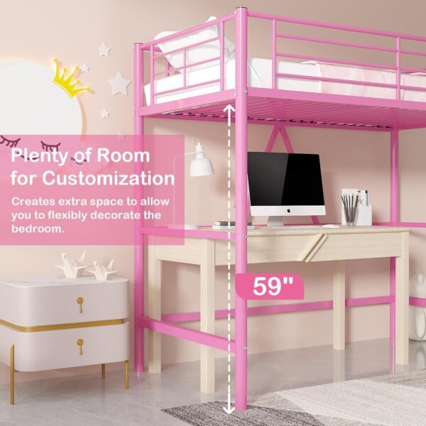 VECELO Metal Loft Bed Twin Size, Heavy Duty Bedframe with Removable Ladder and Safety Guardrail, Space-Saving, Noise Free, No Box Spring Needed, Pink - Image 3