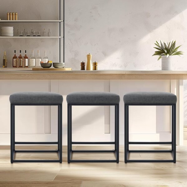 Grey Counter Height Bar Stools Set of 3 for Kitchen Counter 24 Inch Backless Modern Barstools Industrial Upholstered Faux Leather Stools Farmhouse Island Chairs,Support 330 LBS, Grey - Image 3