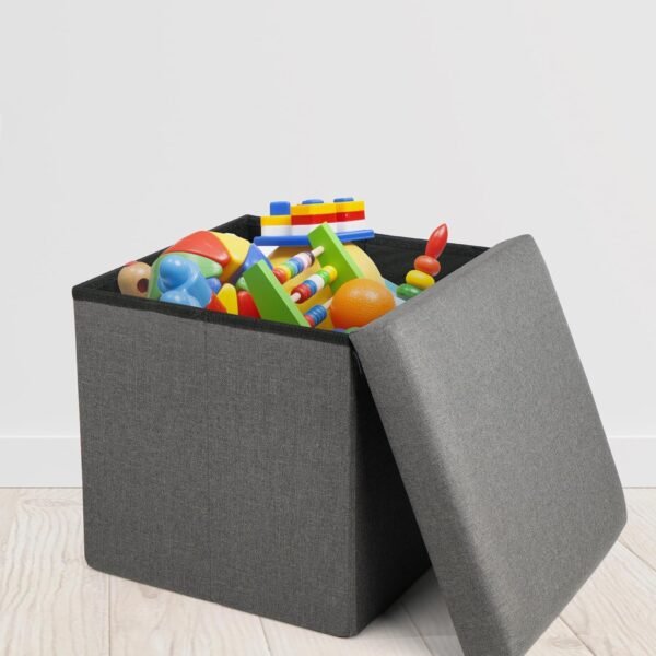 LotFancy Storage Ottoman Cube, Folding Square Ottoman Seat, Small Ottoman with Lid for Foot Stool and Foot Rest, Fabric Box Bin for Kids and Adults, 13x12x12'', Grey - Image 2