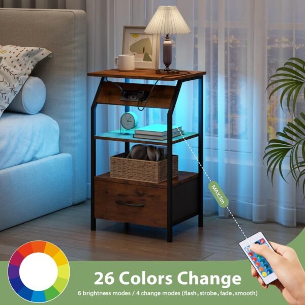 JAXPETY Nightstands Set of 2, Night Stand with Drawer Open Shelf and Charging Station, Storage End Table with 26 Colors LED Light Strip, Bedside Table for Bedroom Living Room Sofa, Rustic Brown - Image 6