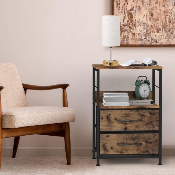 YBING Nightstand Bedroom End Table with 2 Drawers and Open Shelf Wood Industrial Bedside Table with Fabric Storage for Bedroom Living Room Sturdy Dorm Brown - Image 7