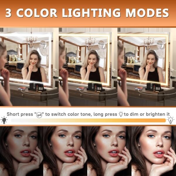 Hasipu Vanity Mirror with Lights, 23" x 18" LED Makeup Mirror, Lighted Makeup Mirror with Dimmable 3 Modes, Touch Screen Control Vanity Mirror Square White - Image 3
