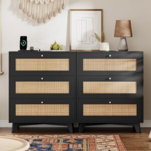 VIAGDO Black Rattan Nightstand Set of 2 with Charging Station, Natural Rattan Night Stand with 3 Large Rattan Decorated Drawers, Boho Bedside Table, End Side Table, 3 Drawer Rattan Dresser for Bedroom