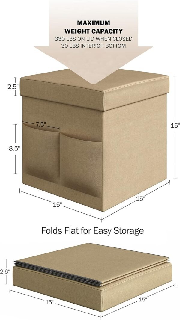 Set of 2 Ottomans with Storage Pockets - 15-Inch Folding Foot Rests or Storage Organizers for Bedroom, Living Room, or Dorm by Lavish Home (Beige) - Image 2