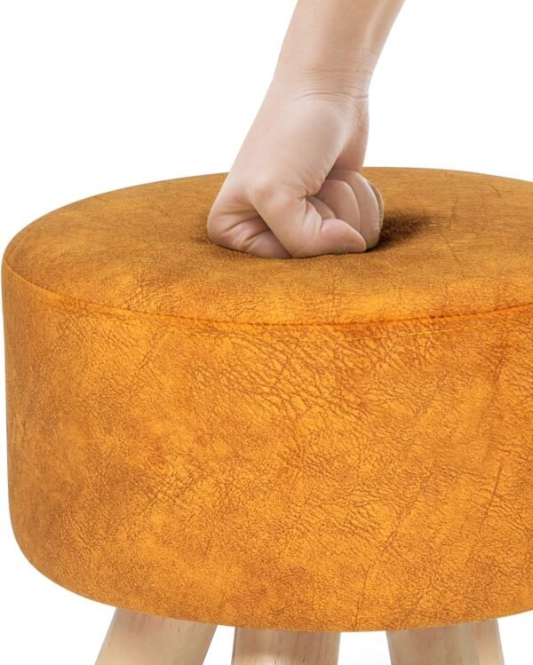 Round Ottoman Fabric Foot Rest Stool Non-Skid Wooden Legs (Orange) - Image 5