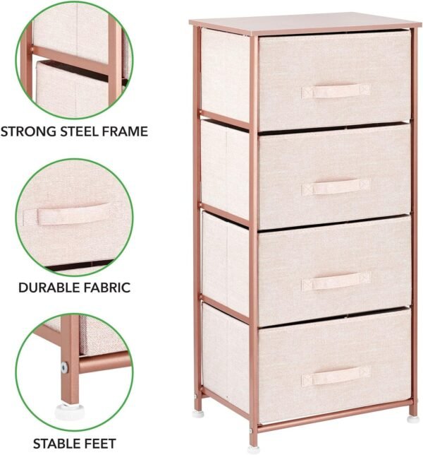 mDesign Tall Dresser Storage Tower Stand with 4 Removable Fabric Drawers - Steel Frame, Wood Top Organizer for Bedroom, Entryway, Closet - Lido Collection - Light Pink/Rose Gold - Image 5