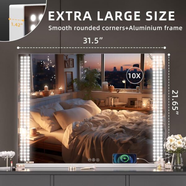 Hasipu Vanity Mirror with Lights, 32" x 22" LED Makeup Mirror, Lighted Makeup Mirror with Dimmable 3 Modes, Touch Screen Control Vanity Mirror White - Image 6