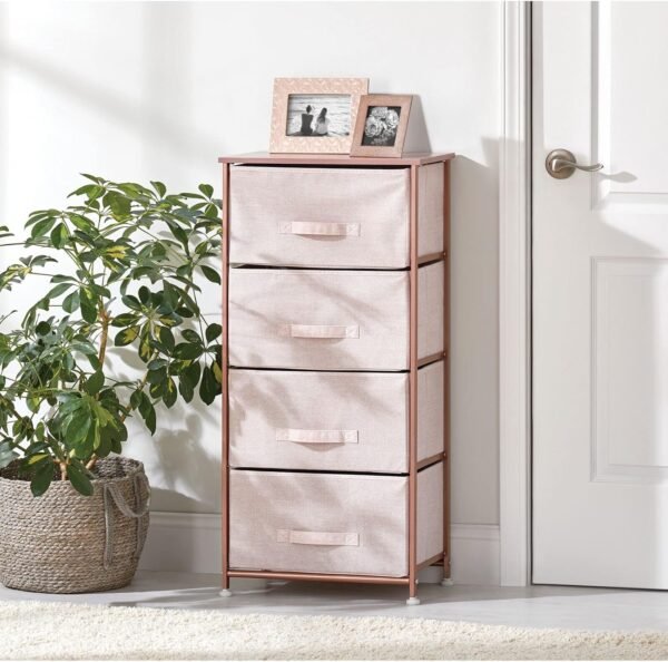 mDesign Tall Dresser Storage Tower Stand with 4 Removable Fabric Drawers - Steel Frame, Wood Top Organizer for Bedroom, Entryway, Closet - Lido Collection - Light Pink/Rose Gold - Image 2