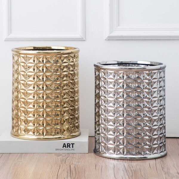 Round Silver Trash Can, Small Wastebasket, Garbage Receptacle Bin for Bathrooms, Powder Rooms, Kitchens, Home Offices - Durable Ceramics - Image 5