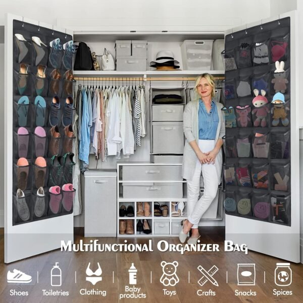 2 Pack Over The Door Shoes Organizers, Behind Door Shoes Hang Holder Rack with 48 Mesh Large Pockets, Clear Fabric Shoes Hanger Storage Organizer Bag for Bedroom,Pantry,Dorm,Black - Image 3
