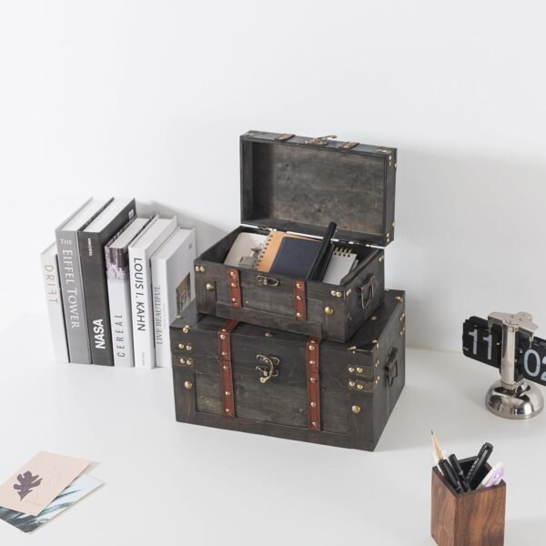 Soul & Lane Vintique Wooden Chest Duo - Elegant Wood Storage Trunks with Lids & Vintage Charm (Set of 2), Antique Versatile Organizational Decor for Home & Office - Image 5