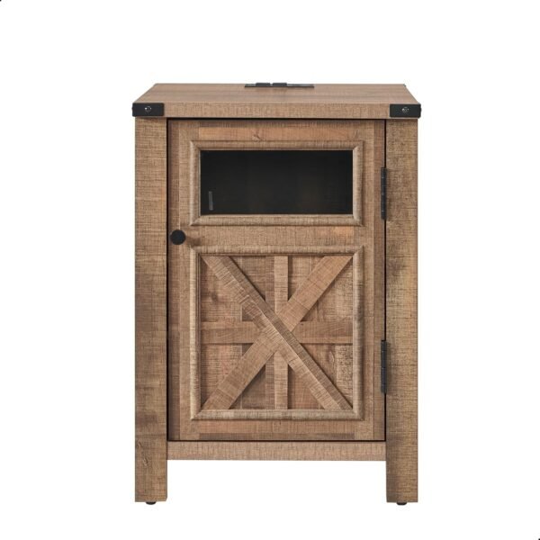 JXQTLINGMU Farmhouse End Table with Charging Station, 18'' Rustic Nightstand with Barn Door & Adjustable Shelf, Wooden Sofa Side Table with 3-Tier Storage for Living Room, Bedroom, Light Brown - Image 7
