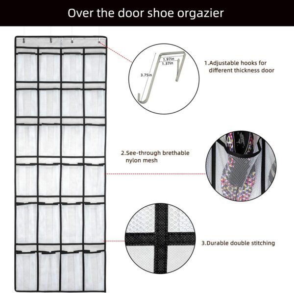 Over The Door Shoe Organizer, Hanging Shoe Organizer with 24 Mesh Large Pockets Door Shoe Rack Organizer for Men Women Kids Hanging Shoe Storage Bag.(White) - Image 3