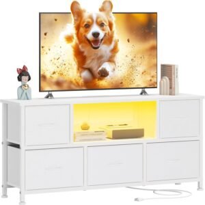 Lulive TV Stand Bedroom, White Dresser TV Stands LED, Small TV Stand with 5 Drawers Storage for 50 55″ TV, TV Stand Living Room w/Power Outlets, Open Shelve, Entertainment Center with Storage