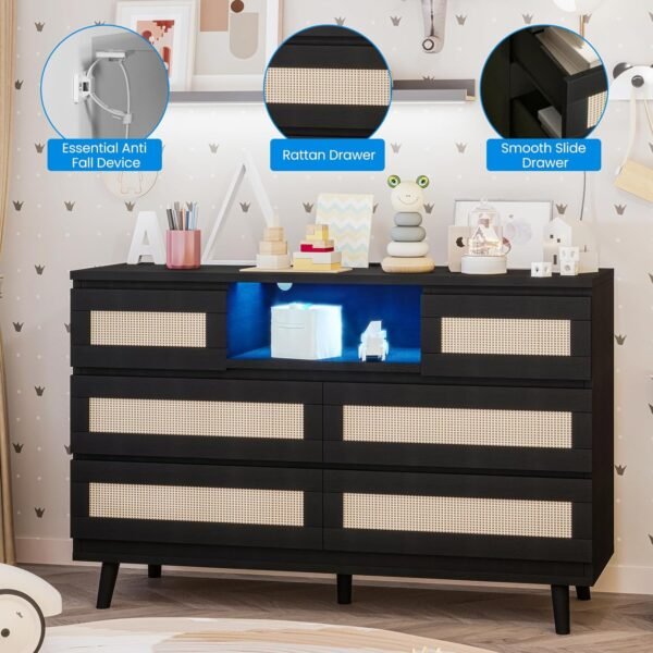 Rattan Dresser for Bedroom with Led Light and Charging Station, 6 Drawer Double Dressers, Modern Wooden Dresser Chest, Beside Table for Closet, Nursery, Living Room,Black - Image 6