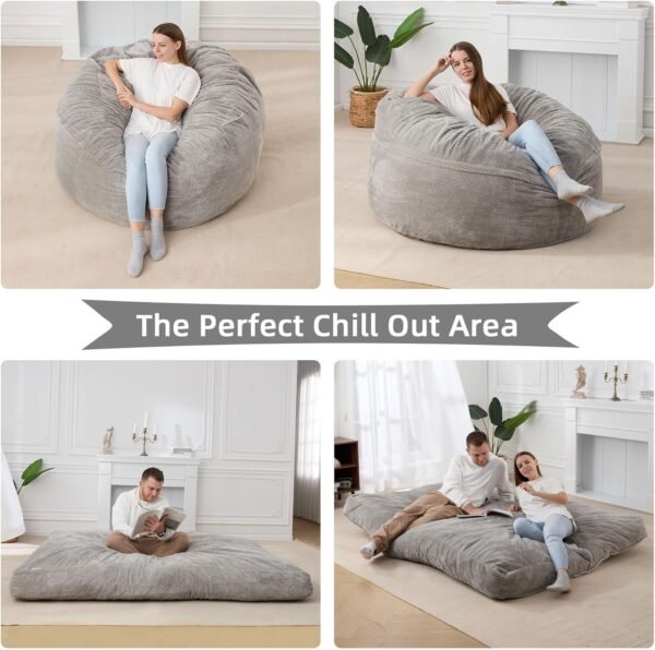 HABUTWAY Bean Bag Chair, Giant Bean Bag Chair with Washable Chenille Cover Ultra Soft, Convertible Bean Bag from Chair to Mattress, Huge Chenille Bean Bags for Adult, Couples, Family - Grey Queen - Image 6