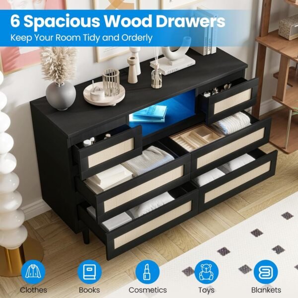 Rattan Dresser for Bedroom with Led Light and Charging Station, 6 Drawer Double Dressers, Modern Wooden Dresser Chest, Beside Table for Closet, Nursery, Living Room,Black - Image 3
