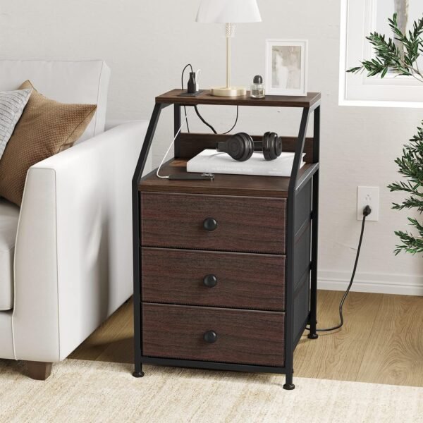 REAHOME Nightstand, Brown Night Stands with Charging Station, Bedside Tables with 3 Fabric Drawers and 2-Tier Storage Shelves, Modern Side Table for Bedroom Living Room - Rustic Brown - Image 4