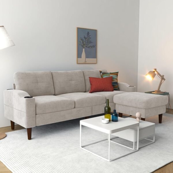 Sofa Couch, Sectional Couch Home Sofa for Living Room 3 Seater, Lounge Sofa with Ottoman, Couch with USB Charging & Cup Holders, L Shaped Modular Sectional Sofa for Office/Small Space, Beige - Image 3