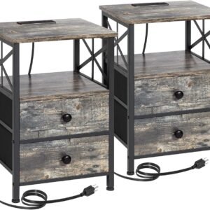 AMHANCIBLE Night Stand Set 2, Nightstand with Charging Station, End Tables Living Room with USB Ports and Outlets, Bedside Tables with Fabric Drawers for Bedroom, Ink Grey HET05XKG