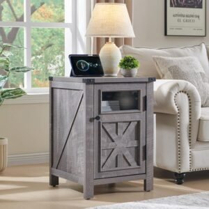 JXQTLINGMU Farmhouse End Table with Charging Station, 18” Rustic Nightstand with Barn Door & Adjustable Shelf, Wooden Sofa Side Table with 3-Tier Storage for Living Room, Bedroom, Gray